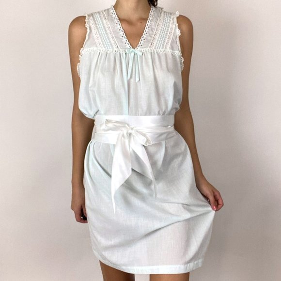 Vintage Baby Blue Cotton Lace Nightgown Slip Dress - Picture 2 of 10